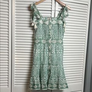 Alicia Bell Green & White Boho Tie-Strap Button Front Midi Dress silk cotton XS